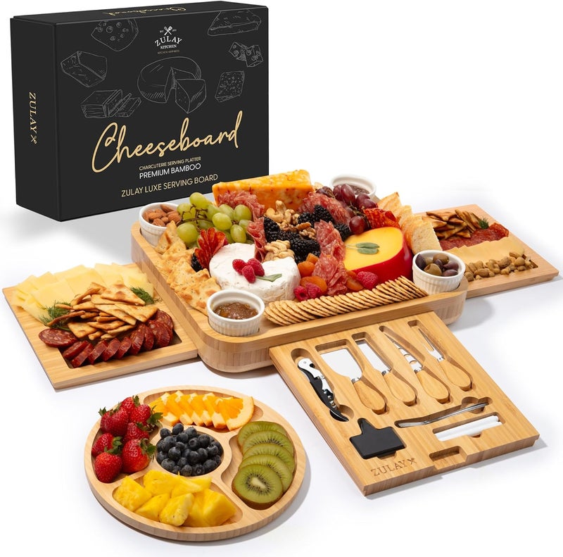 Zulay Kitchen Deluxe Bamboo Cheese Board Set  Extra Thick Bamboo Charcuterie Board Set with 4 Piece Knife Set  Wooden Cheese Board is Perfect for Charcuterie Wine and Cheese  Luxe - Image 1