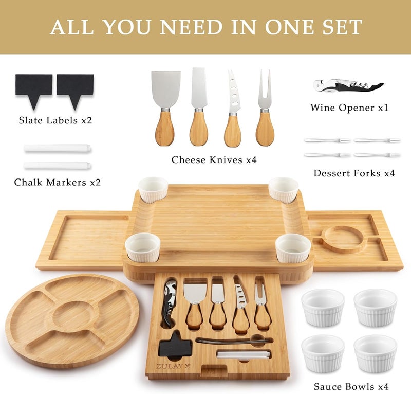 Zulay Kitchen Deluxe Bamboo Cheese Board Set  Extra Thick Bamboo Charcuterie Board Set with 4 Piece Knife Set  Wooden Cheese Board is Perfect for Charcuterie Wine and Cheese  Luxe - Image 2
