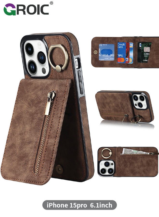 GROIC For iPhone 15 Pro 6.1 Inch Case Flip Wallet Case with 5 Cards Holder and Zipper Purse, PU Leather Magnetic Buttons Ring Stand with Card Holder [RFID Blocking] Flip Shell for iPhone 15 Pro Cover  - Image 1