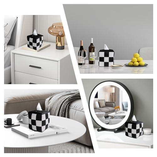 MSJGA Tissue Box Cover, Square PU Leather Tissue Box Holder with Metal Buckle, Checkered Tissue Box, Decorative Organizer for Bedroom, Vanity Desk, Nightstand, Bathroom, Office (Black) - Image 5
