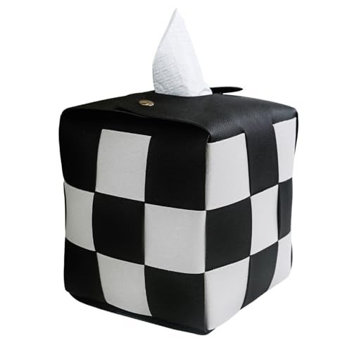 MSJGA Tissue Box Cover, Square PU Leather Tissue Box Holder with Metal Buckle, Checkered Tissue Box, Decorative Organizer for Bedroom, Vanity Desk, Nightstand, Bathroom, Office (Black) - Image 1