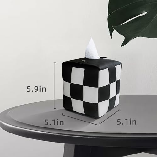 MSJGA Tissue Box Cover, Square PU Leather Tissue Box Holder with Metal Buckle, Checkered Tissue Box, Decorative Organizer for Bedroom, Vanity Desk, Nightstand, Bathroom, Office (Black) - Image 3