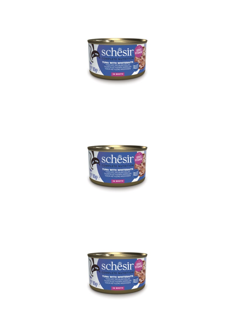 Schesir Complete & Balanced Nutrition Wet Cat Food in Broth Can- Tuna With Whitebait 85g x3pcs - Image 1