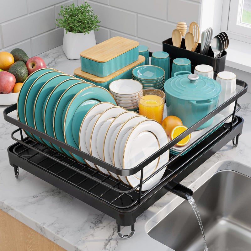Sakugi Stainless Steel Dish Drying Rack for Kitchen Counter, Sink Organization and Storage Essentials with Silverware & Utensil Holder, Home and Apartment Decor, 12.5''W x 16.5'L, Black - Image 1