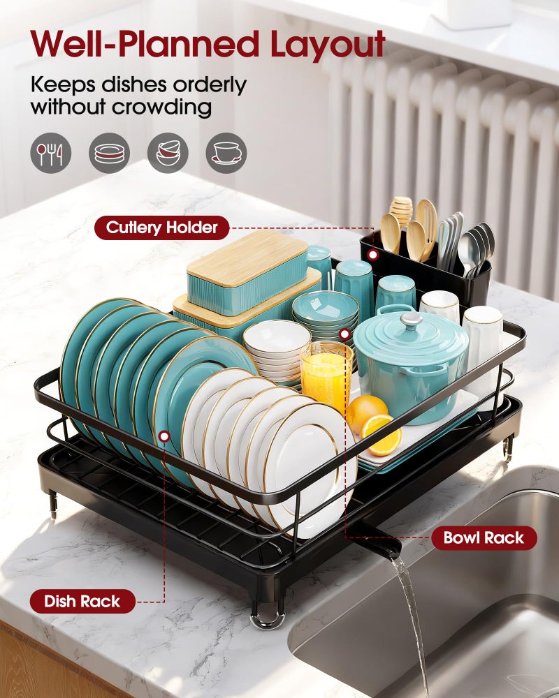 Sakugi Stainless Steel Dish Drying Rack for Kitchen Counter, Sink Organization and Storage Essentials with Silverware & Utensil Holder, Home and Apartment Decor, 12.5''W x 16.5'L, Black - Image 3