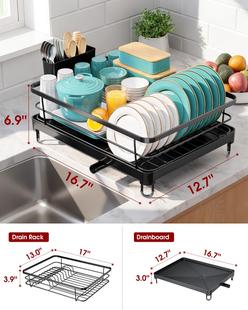 Sakugi Stainless Steel Dish Drying Rack for Kitchen Counter, Sink Organization and Storage Essentials with Silverware & Utensil Holder, Home and Apartment Decor, 12.5''W x 16.5'L, Black - Image 2