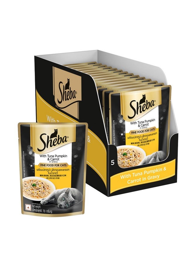 Sheba Sheba Fine Premium Adult (1+ Years) Wet Cat Food, Tuna Pumpkin & Carrot in Gravy, 70 g (Pack of 14), High-moisture gravy cat food for healthy hydration  - Image 1