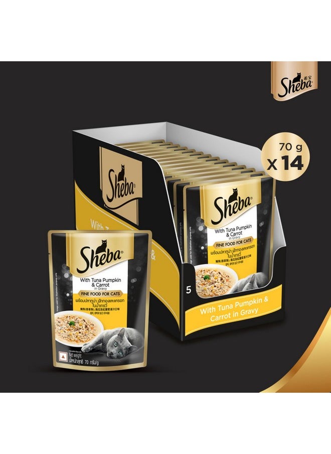 Sheba Sheba Fine Premium Adult (1+ Years) Wet Cat Food, Tuna Pumpkin & Carrot in Gravy, 70 g (Pack of 14), High-moisture gravy cat food for healthy hydration  - Image 2