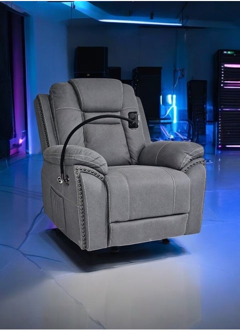 Modern Luxury Grey Fabric Electric Recliner Sofa with Wireless Charging, Remote-Controlled Electric Massager, Mobile Holder, Rocking Feature, and USB Port