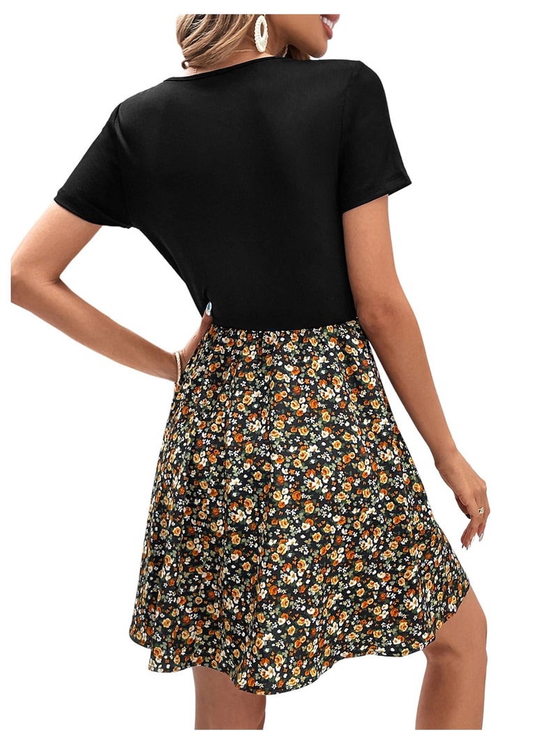 SweatyRocks Women's Elegant Floral Dresses Scoop Neck Short Sleeve Short Dress for Women 2025 Yellow Medium - Image 2