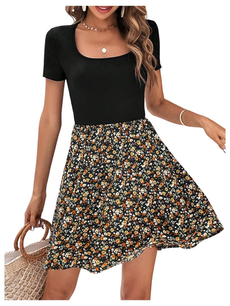 SweatyRocks Women's Elegant Floral Dresses Scoop Neck Short Sleeve Short Dress for Women 2025 Yellow Medium - Image 4