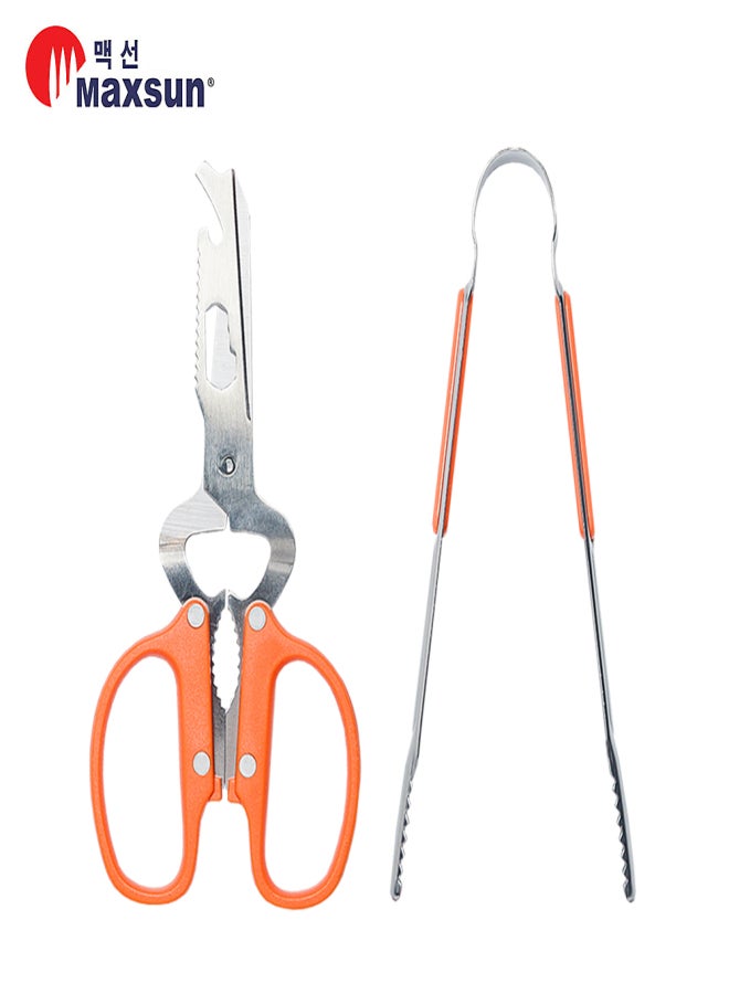 MAXSUN Kitchen Shears& Kitchen Tongs Set Stainless Steel Multifunctional Ultra Sharp Utility Scissors Non-Slip Locking Food Tongs for Fish/Meat/Vegetables/BBQ/Bottle Opener/Scales Scraper/Nutcrackers - Image 2
