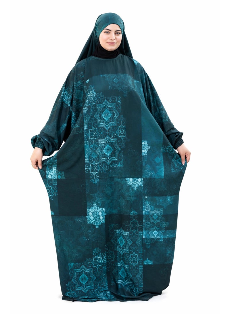 SATR HIJABI Elegant Teal Geometric Print Isdal – Modern Modest Prayer Wear for Women - Image 1