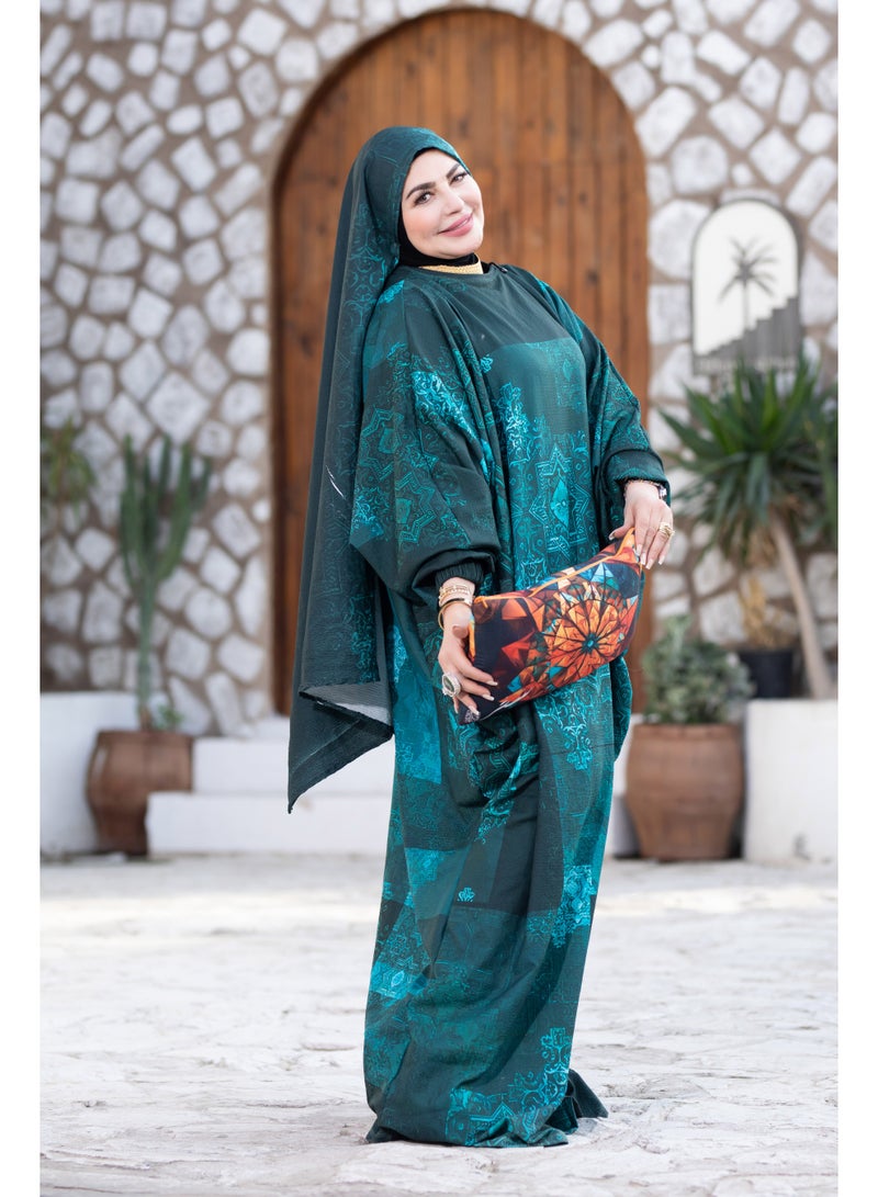 SATR HIJABI Elegant Teal Geometric Print Isdal – Modern Modest Prayer Wear for Women - Image 2