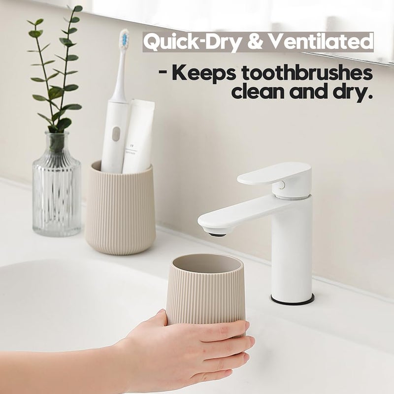YAUKPH Beige Striped Toothbrush Holder for Electric Toothbrushes Bathroom Organizer Cup for Toothpaste Kids & Adults - Image 3