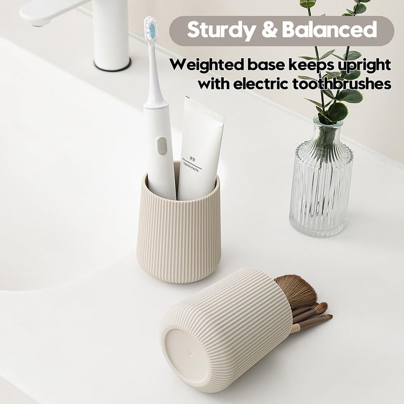 YAUKPH Beige Striped Toothbrush Holder for Electric Toothbrushes Bathroom Organizer Cup for Toothpaste Kids & Adults - Image 4