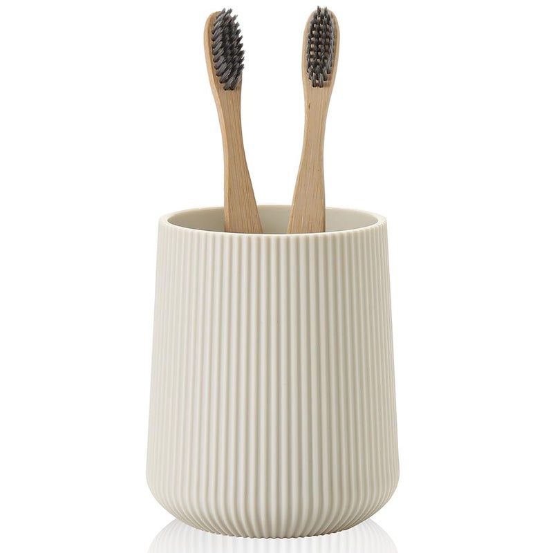 YAUKPH Beige Striped Toothbrush Holder for Electric Toothbrushes Bathroom Organizer Cup for Toothpaste Kids & Adults - Image 1
