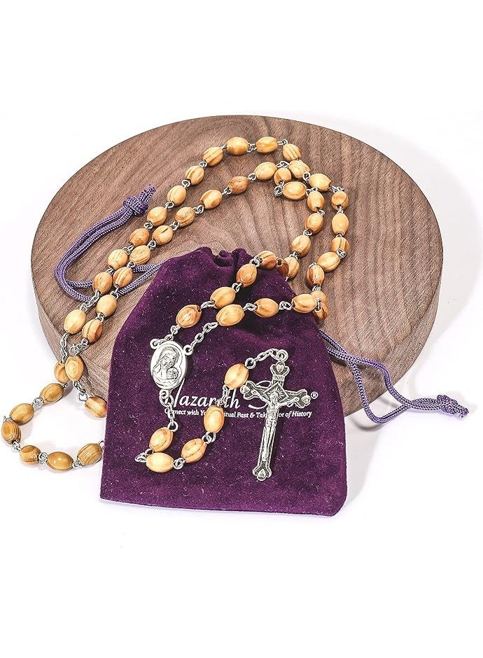 Nazareth Store Catholic Prayer Rosary Olive Wood Beads Necklace Holy Soil Medal & Metal Cross Velvet Gift Bag - Image 4