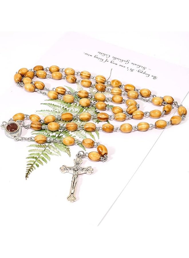 Nazareth Store Catholic Prayer Rosary Olive Wood Beads Necklace Holy Soil Medal & Metal Cross Velvet Gift Bag - Image 3