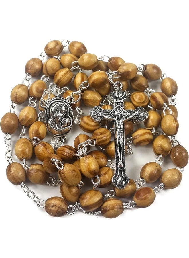 Nazareth Store Catholic Prayer Rosary Olive Wood Beads Necklace Holy Soil Medal & Metal Cross Velvet Gift Bag - Image 1