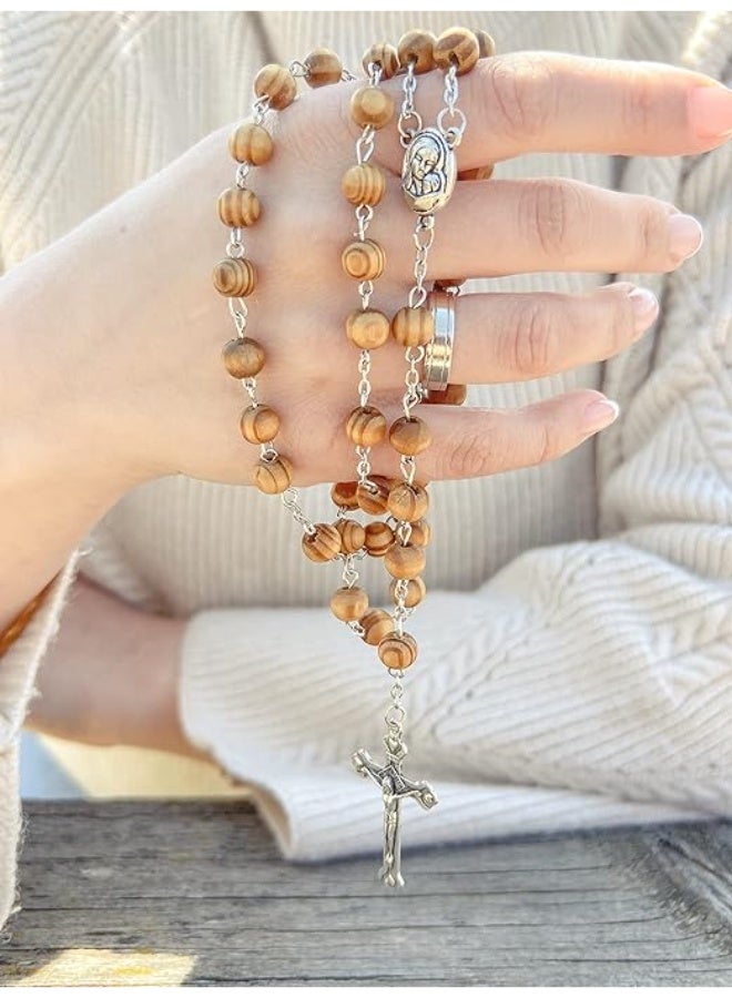 Nazareth Store Catholic Prayer Rosary Olive Wood Beads Necklace Holy Soil Medal & Metal Cross Velvet Gift Bag - Image 2