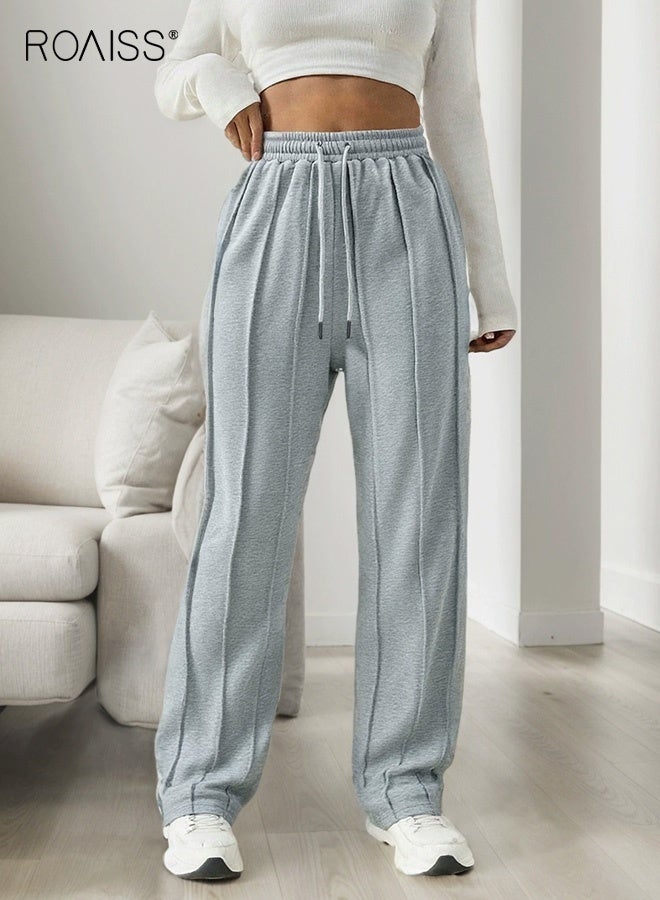 roaiss Women's Casual Grey Drawstring Pants High-Waisted Loose Fit with Smooth Texture Fabric, All-Season Comfort for Everyday Wear, Relaxed Fit Trousers with Adjustable Waist - Image 1