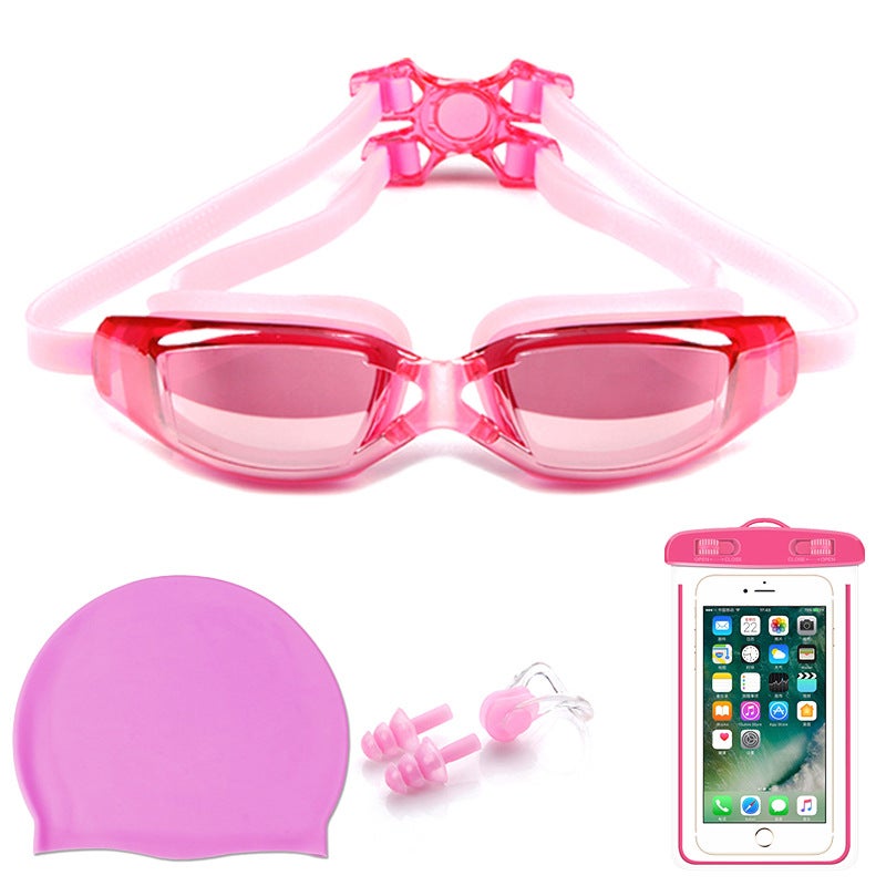 Generic Adult swimming glasses set HD anti-fog plating swimming goggles waterproof silicone nose clip earplug swimming cap swimming goggles set Plating pink 5-piece [silicone cap]]