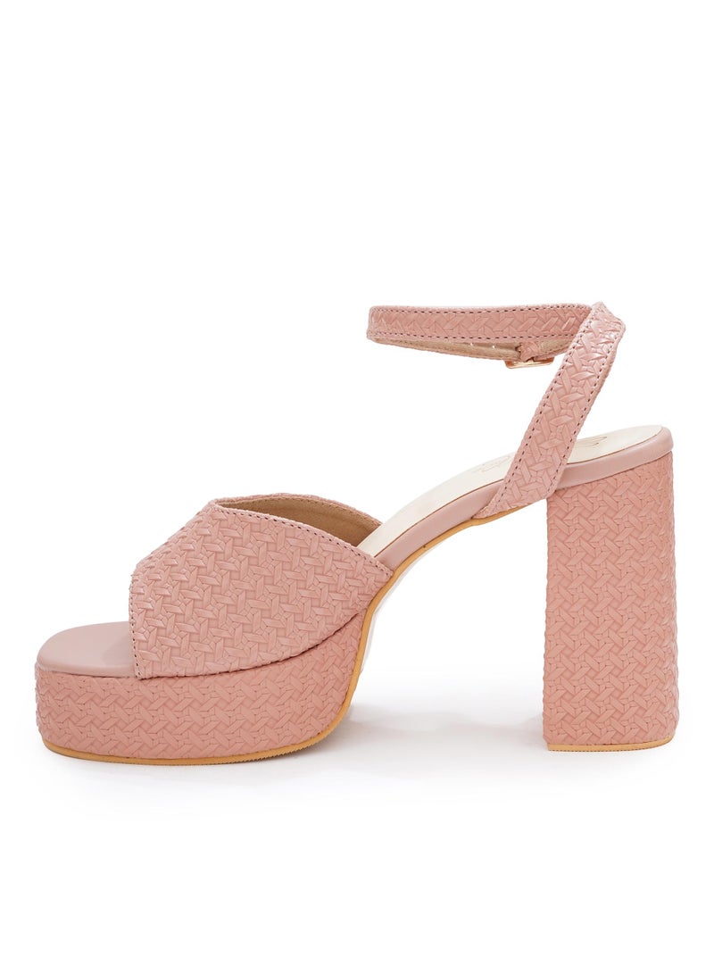Sole House Sole House Bold & Chic: Blush Pink Platform Block Heels with Textured Design - perfect for parties, celebrations & special occasions.  - Image 3