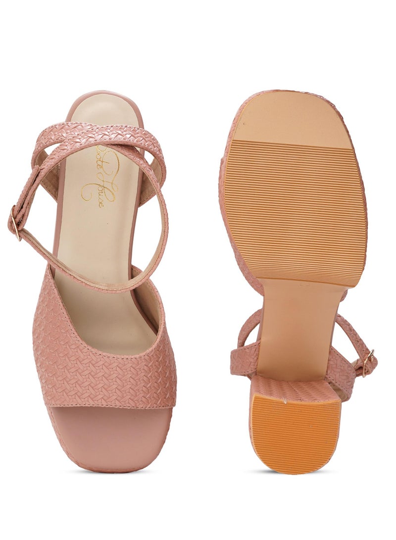 Sole House Sole House Bold & Chic: Blush Pink Platform Block Heels with Textured Design - perfect for parties, celebrations & special occasions.  - Image 5