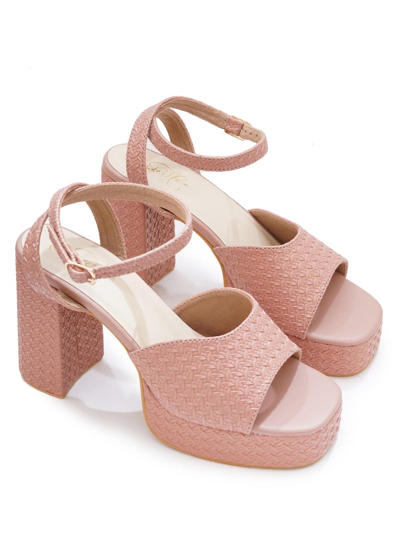 Sole House Sole House Bold & Chic: Blush Pink Platform Block Heels with Textured Design - perfect for parties, celebrations & special occasions.  - Image 1