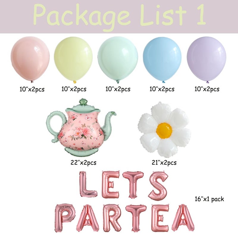 Eopelsm Tea Party Decorations 26Pcs Macaron Balloons with LETS PARTEA Foil Balloon Banner, Teacups andTeapot Hanging Swirls for Floral Spring Birthday Mother's Day Talking Tables Tea Party Supplies - Image 2