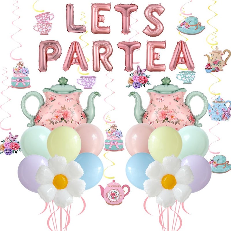Eopelsm Tea Party Decorations 26Pcs Macaron Balloons with LETS PARTEA Foil Balloon Banner, Teacups andTeapot Hanging Swirls for Floral Spring Birthday Mother's Day Talking Tables Tea Party Supplies - Image 1