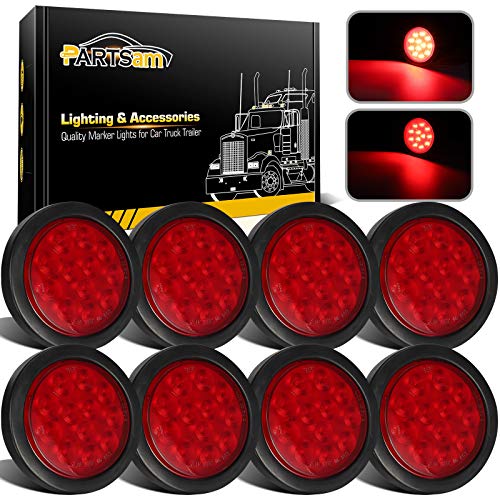 Partsam 8Pcs 4 Round Red LED Trailer Tail Light 4 Inch Round Led Stop Turn Tail Lights Brake Brake Trailer Lights for RV Trucks Rubber Grommets and 3Prong Wire Pigtails Included