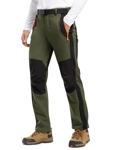 TBMPOY Men's Snow Ski Hiking Pants Waterproof Winter Fleece Lined Pants Camping Skiing Ice Fishing Pants with Belt 02 Thick Green 3XL - Image 2