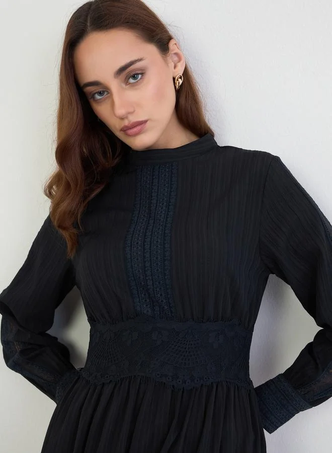 Styli black Black Lace Insert Tiered Maxi Dress for Women | Best Price UAE