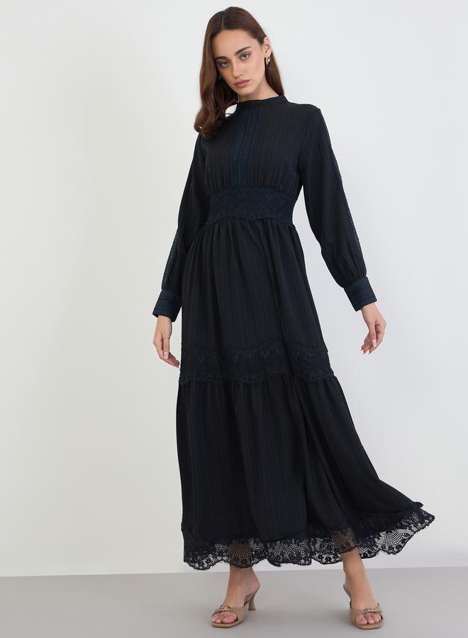 Styli Black Lace Insert Tiered Maxi Dress - Image 2