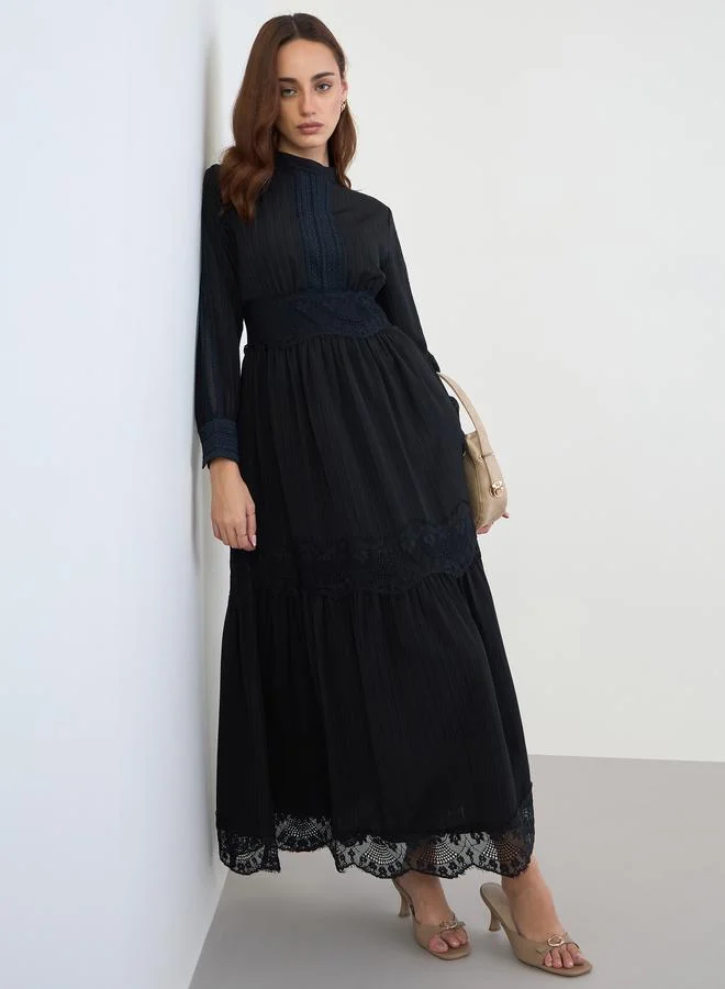 Black Lace Insert Tiered Maxi Dress