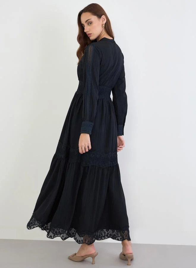 Styli black Black Lace Insert Tiered Maxi Dress for Women | Best Price UAE