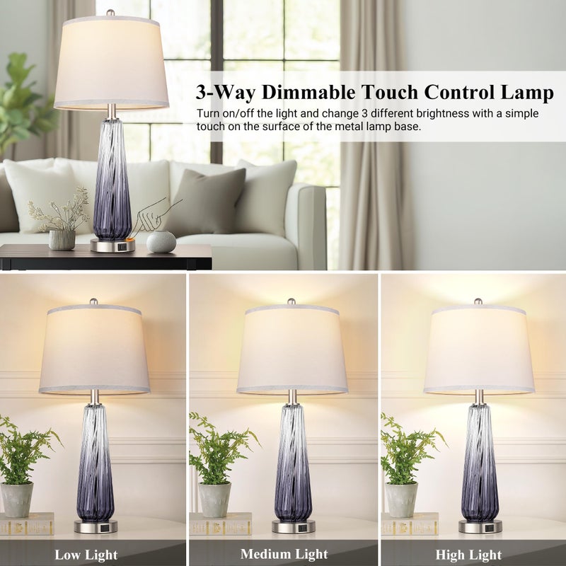 Qimh Glass Table Lamps Set of 2, Modern Bedside Lamps for Bedrooms with USB A+C Ports, 3-Way Dimmable Touch Control Nightstand Lamp with White Linen Shade, 27.5" Large Lamps for Living Room Decor, Grey - Image 1