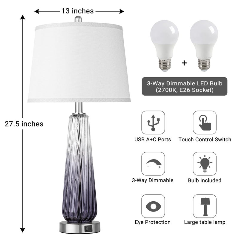 Qimh Glass Table Lamps Set of 2, Modern Bedside Lamps for Bedrooms with USB A+C Ports, 3-Way Dimmable Touch Control Nightstand Lamp with White Linen Shade, 27.5" Large Lamps for Living Room Decor, Grey - Image 3