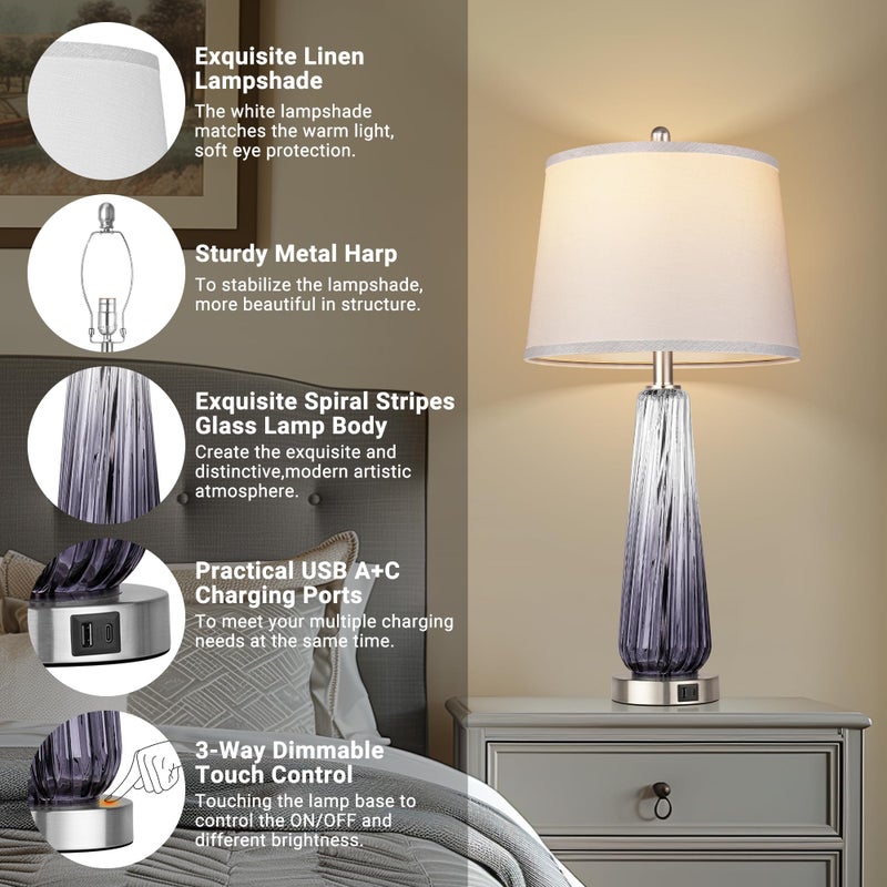 Qimh Glass Table Lamps Set of 2, Modern Bedside Lamps for Bedrooms with USB A+C Ports, 3-Way Dimmable Touch Control Nightstand Lamp with White Linen Shade, 27.5" Large Lamps for Living Room Decor, Grey - Image 2
