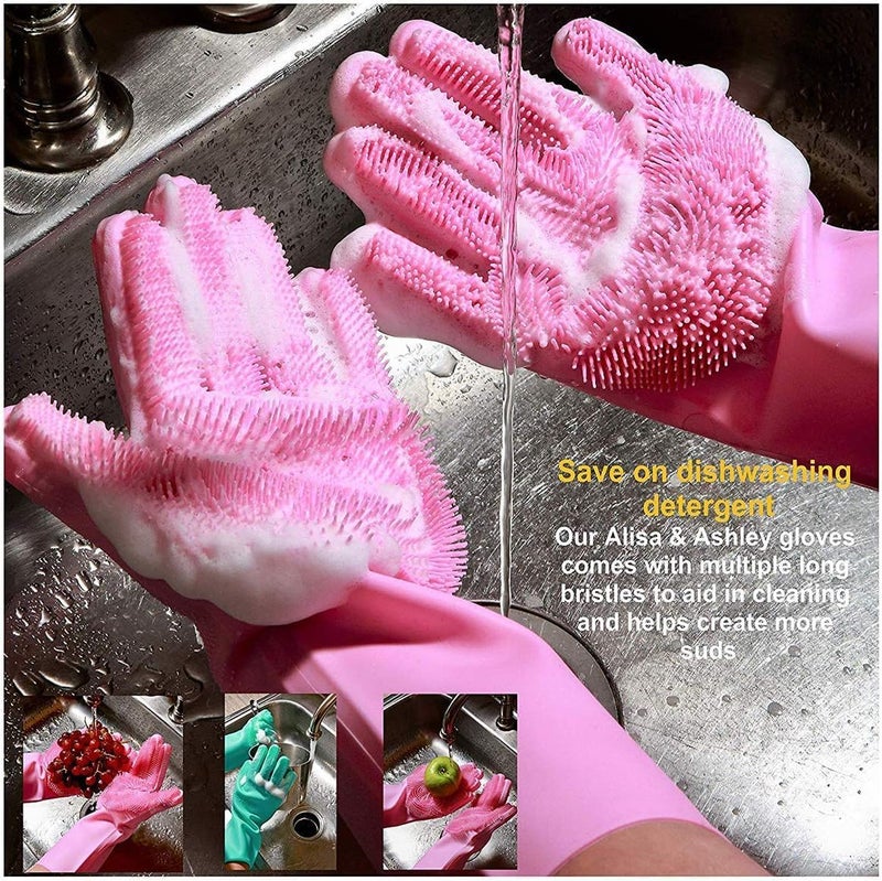 Pivalo Reusable Silicone Dishwashing Gloves for Kitchen Utensil Cleaning Scrubber Heat-Resistant & Waterproof Pet Grooming Dog Bathing Cars and Bathroom Cleaning Gloves (2 Pair, Multicolour) - Image 3