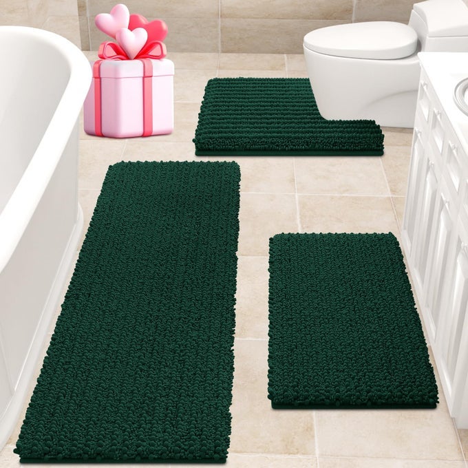 UPGRADE EXTRA LARGE DEEP GREEN BATHROOM RUG SET 3 PIECES ULTRA SOFT THICK ABSORBENT BATH MATS NON SLIP CHENILLE TOILET MAT FOR BATHROOM BEDROOM KITCHEN