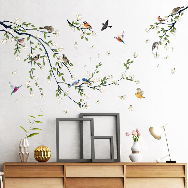 LiveGallery 4 Sheets Magnolia Branches Wall Decals White Flowers Wall Stickers DIY Removable Colorful Birds Wall Sticker Petals Falling Home Decoration for Girls Bedroom Living Room Kitchen Bathroom TV Background - Image 1