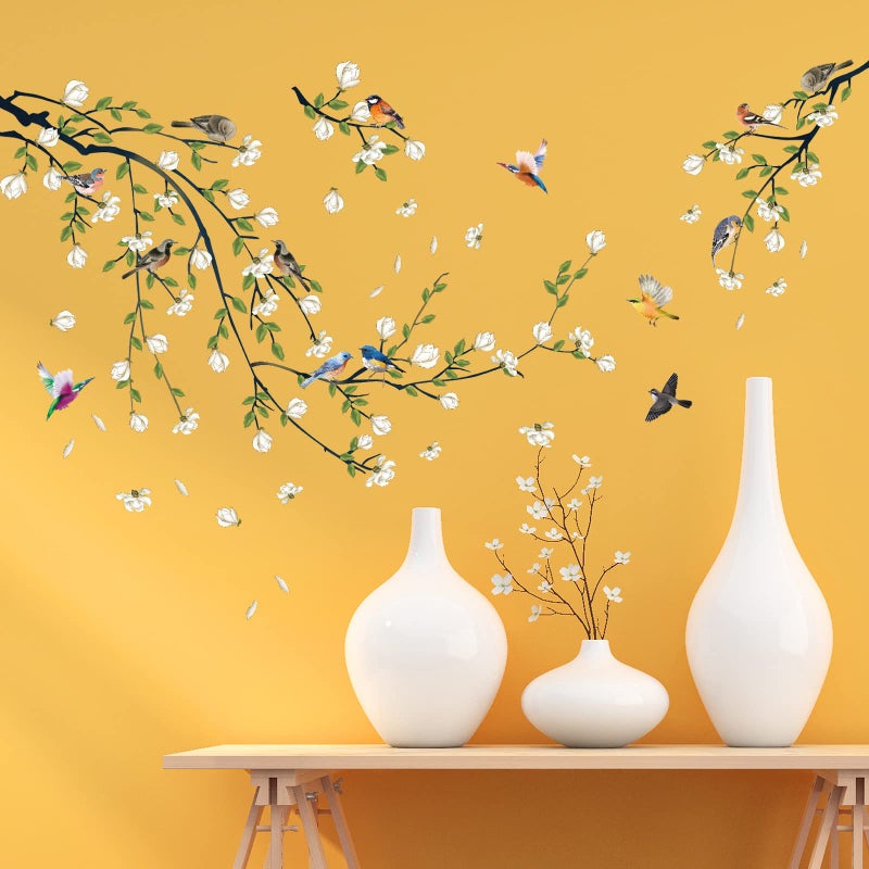 LiveGallery 4 Sheets Magnolia Branches Wall Decals White Flowers Wall Stickers DIY Removable Colorful Birds Wall Sticker Petals Falling Home Decoration for Girls Bedroom Living Room Kitchen Bathroom TV Background - Image 4