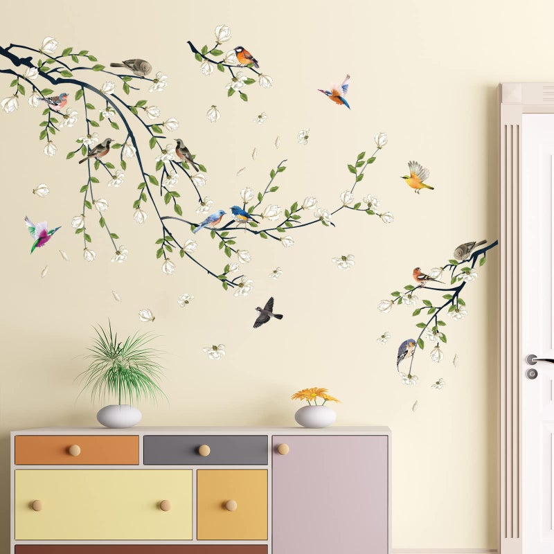 LiveGallery 4 Sheets Magnolia Branches Wall Decals White Flowers Wall Stickers DIY Removable Colorful Birds Wall Sticker Petals Falling Home Decoration for Girls Bedroom Living Room Kitchen Bathroom TV Background - Image 5