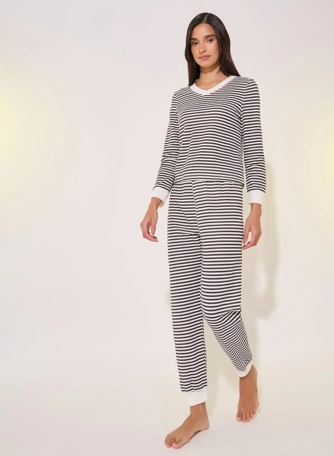 Take Two Striped Contrast V-Neck T-Shirt and Pyjama Set