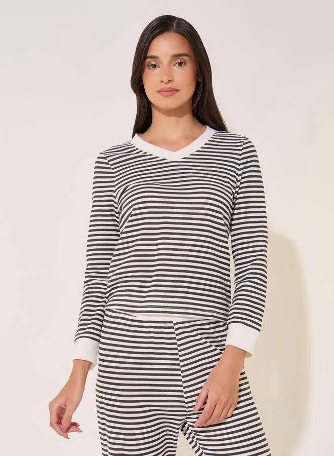 Take Two Striped Contrast V-Neck T-Shirt and Pyjama Set