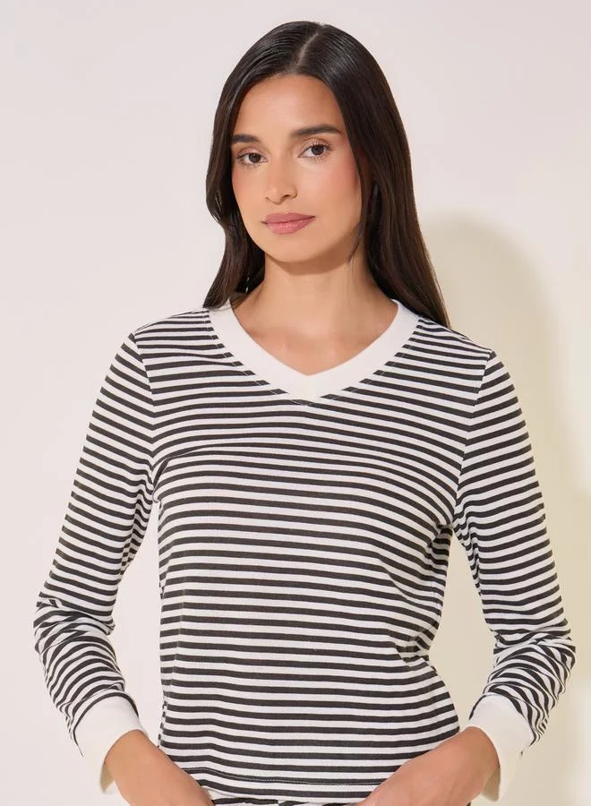Take Two Striped Contrast V-Neck T-Shirt and Pyjama Set