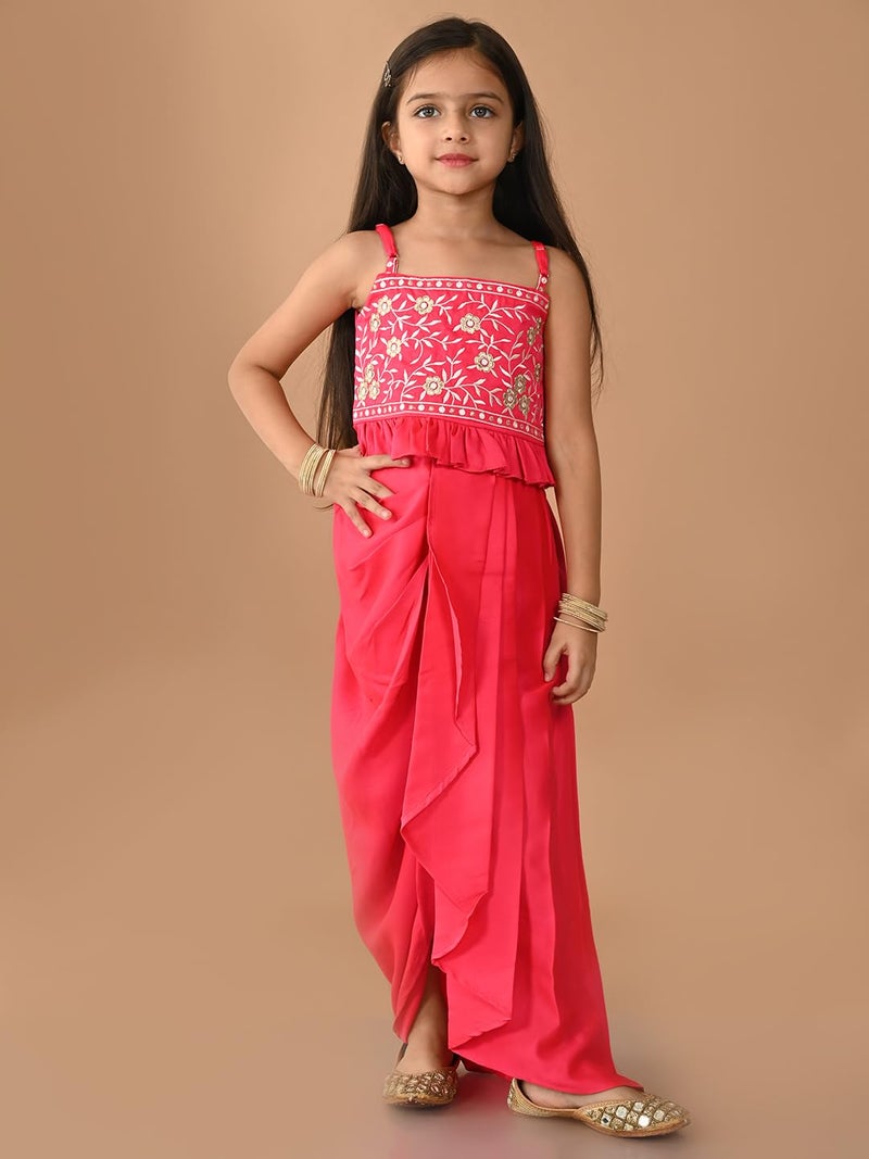LILPICKS Embroidered Sleeveless Top with Stylish Dhoti Set for Girls (Pink) (13-14Y) - Image 4